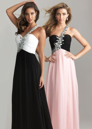 Cheap Glitter One Shoulder White/Black Beaded Long Prom Dress